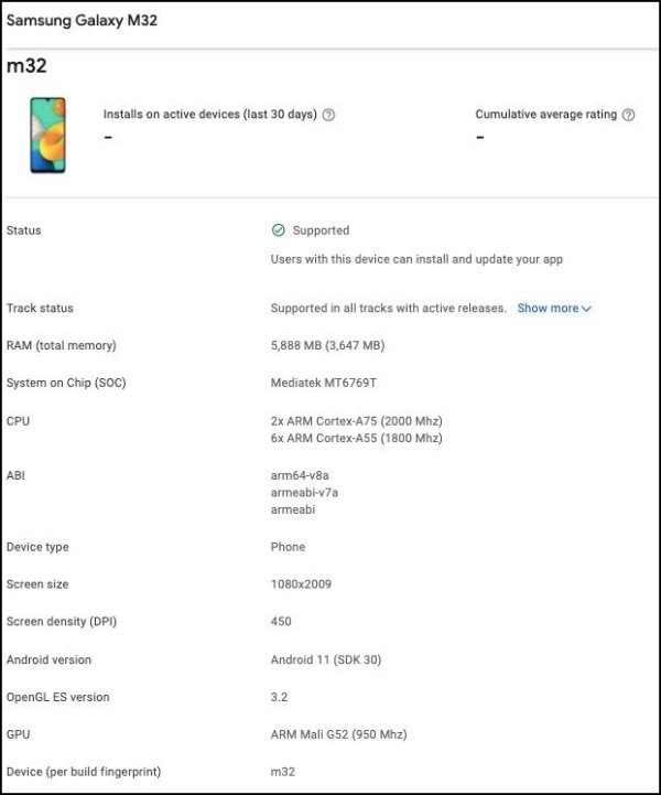 Galaxy M32 xuất hiện trên Google Play Console